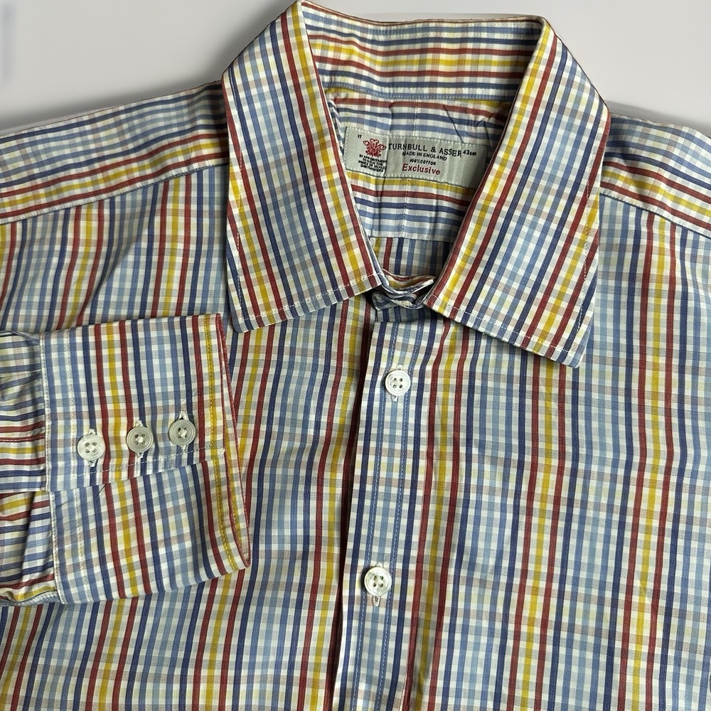 Turnbull & Asser Men Dress Shirt 17/43cm Blue White Check England Cotton Luxury